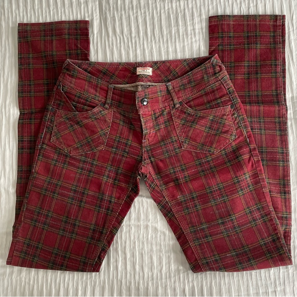 Free People Plaid Burgundy Black Corduroy Low Waist Pants - Picture 3 of 16